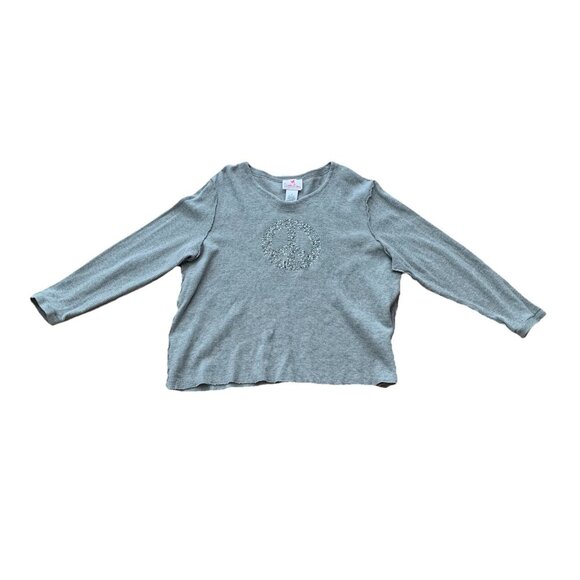 Quacker Factory Peace Sign Embellished Thermal Shirt 2X Gray Pullover READ - Picture 2 of 10